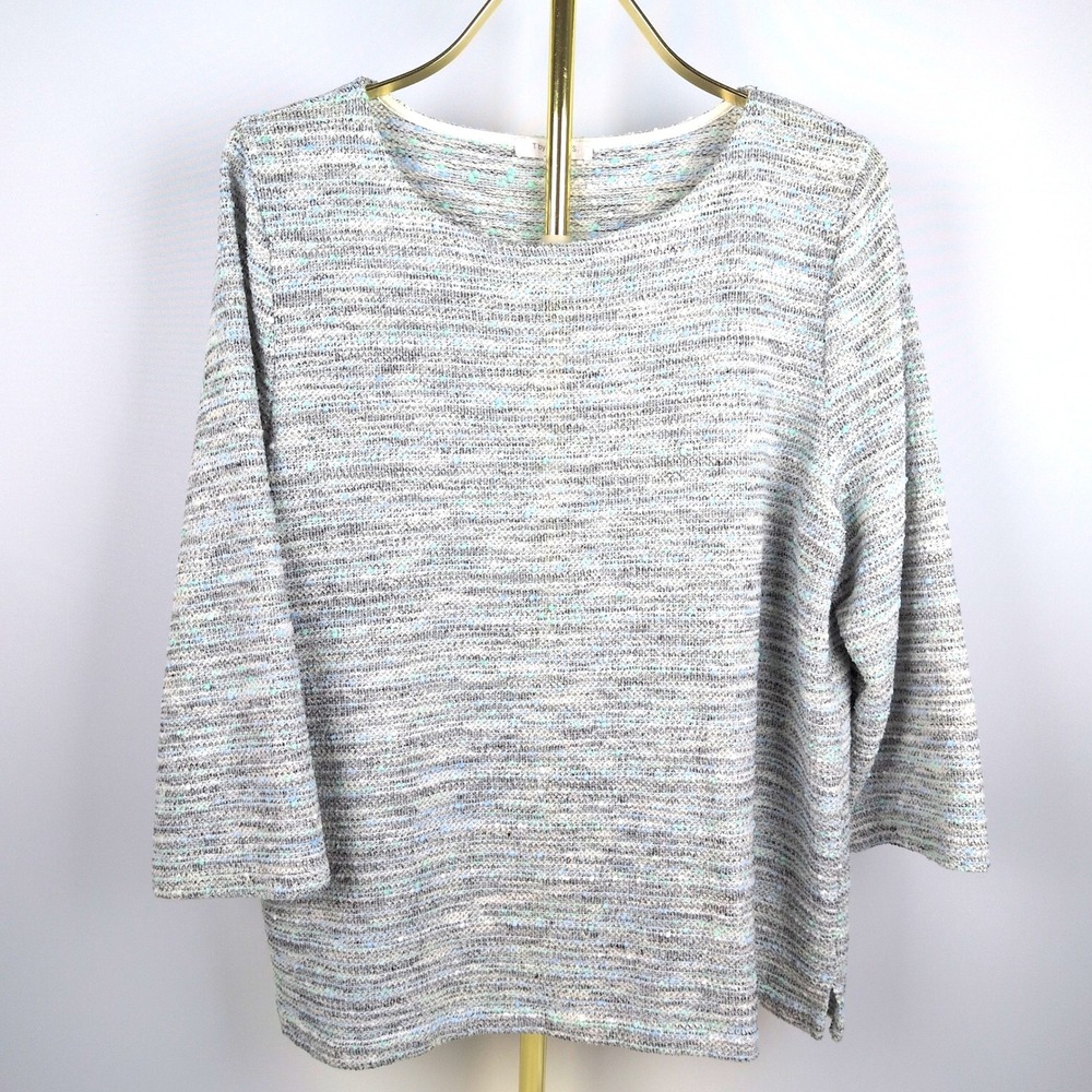 Talbots Women XL Top Grey Aqua Blue Marled Textured Knit 3/4 Sleeve Pullover